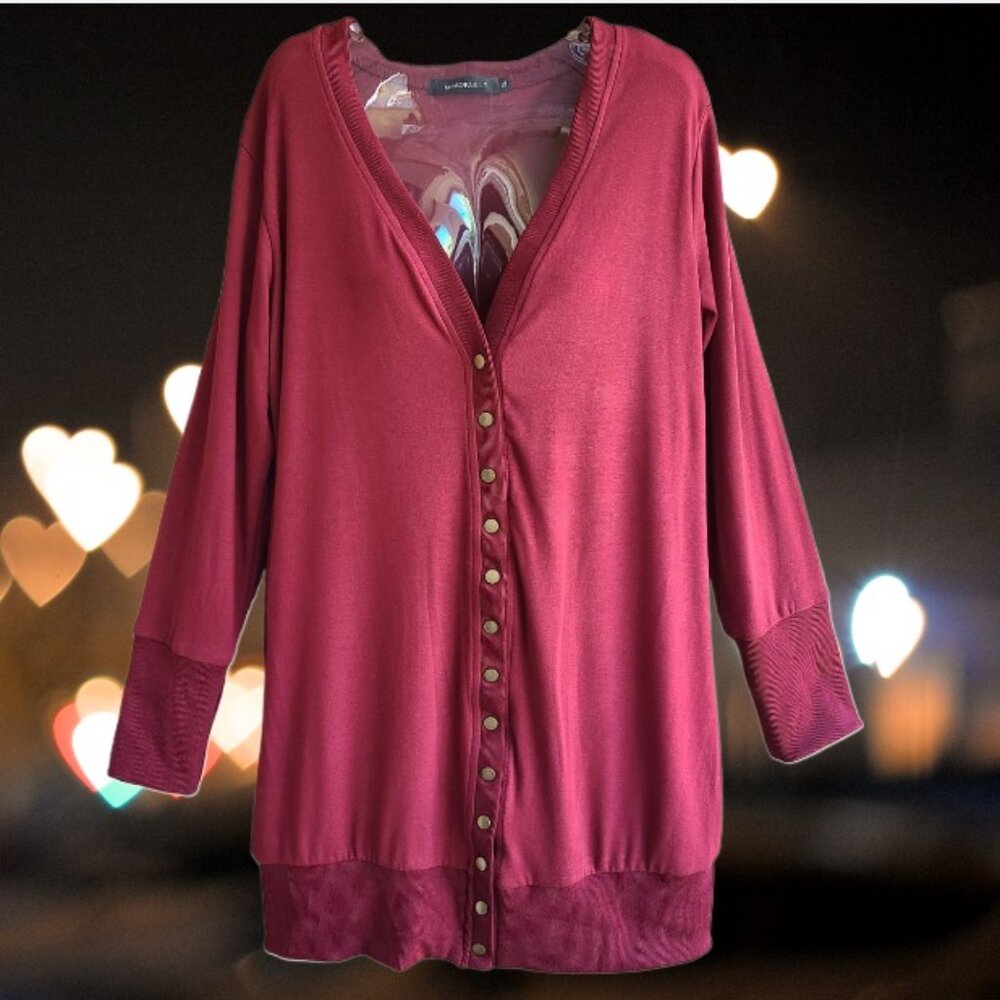 MEROKEETY Women's Long Sleeve Snap Button Down Solid Color Knit Ribbed Maroon XL